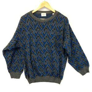 Vintage Linea Uomo Italy Knit Sweater Mens Large Diamond Blue Oversized Baggy